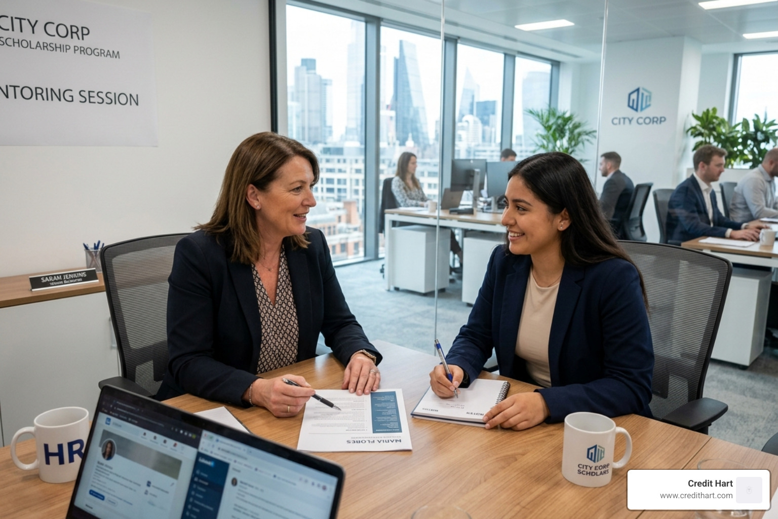A corporate recruiter mentoring a scholarship recipient in a professional office setting - corporate sponsored scholarships