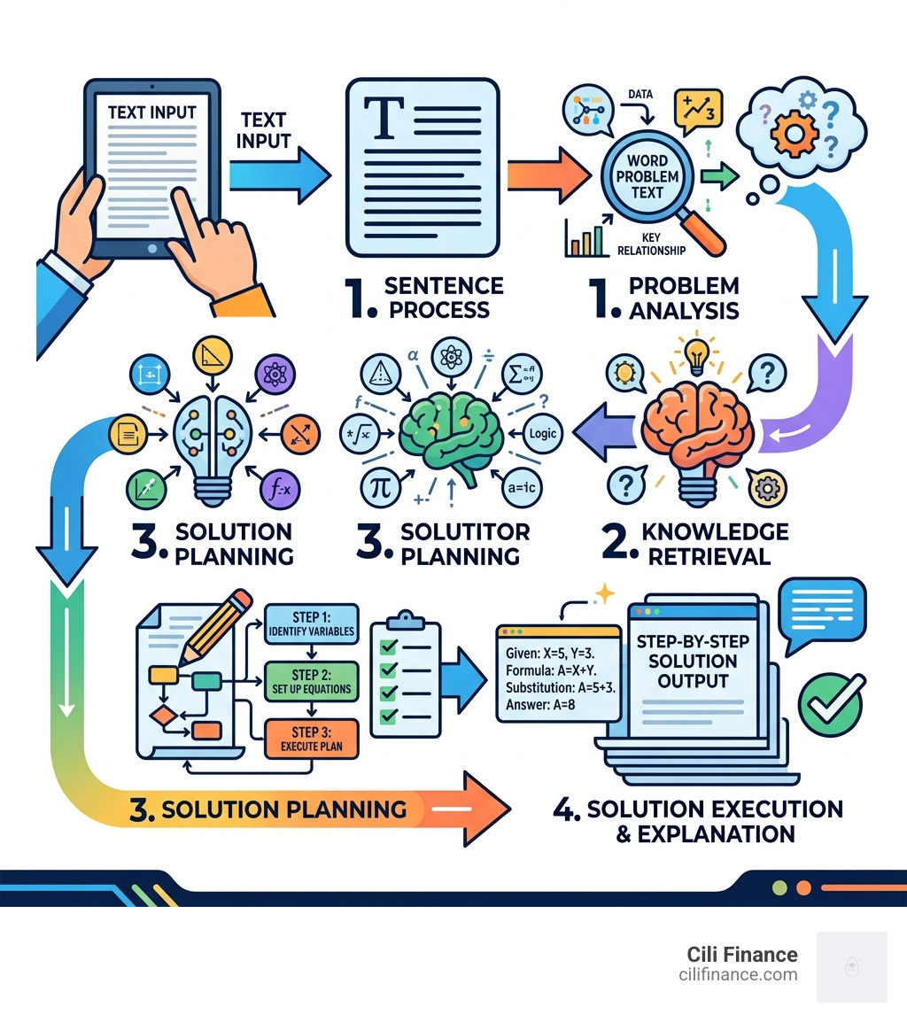 AI math word problem solving process from text input to step-by-step solution output - math word problems ai infographic AI math word problem solving process from text input to step-by-step solution output - math word problems ai infographic