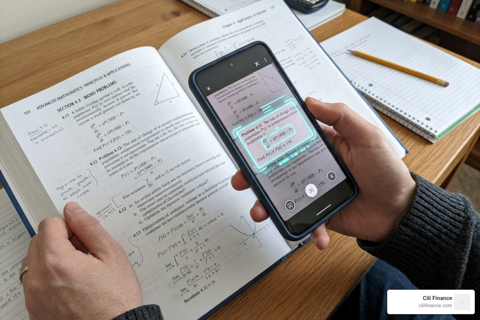 smartphone camera scanning a complex math textbook with word problems - math word problems ai smartphone camera scanning a complex math textbook with word problems - math word problems ai