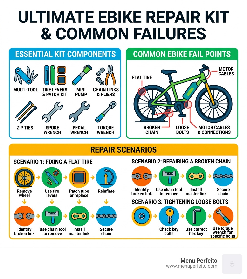 ebike repair kit components, tools, common fail points, and repair scenarios infographic - ebike repair kit infographic 