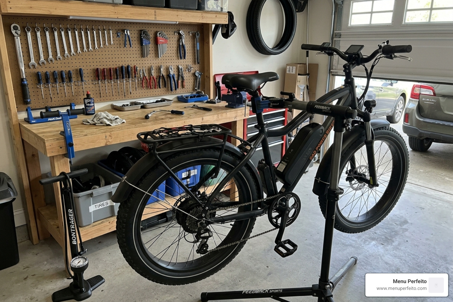 home ebike workshop with floor pump and work stand - ebike repair kit
