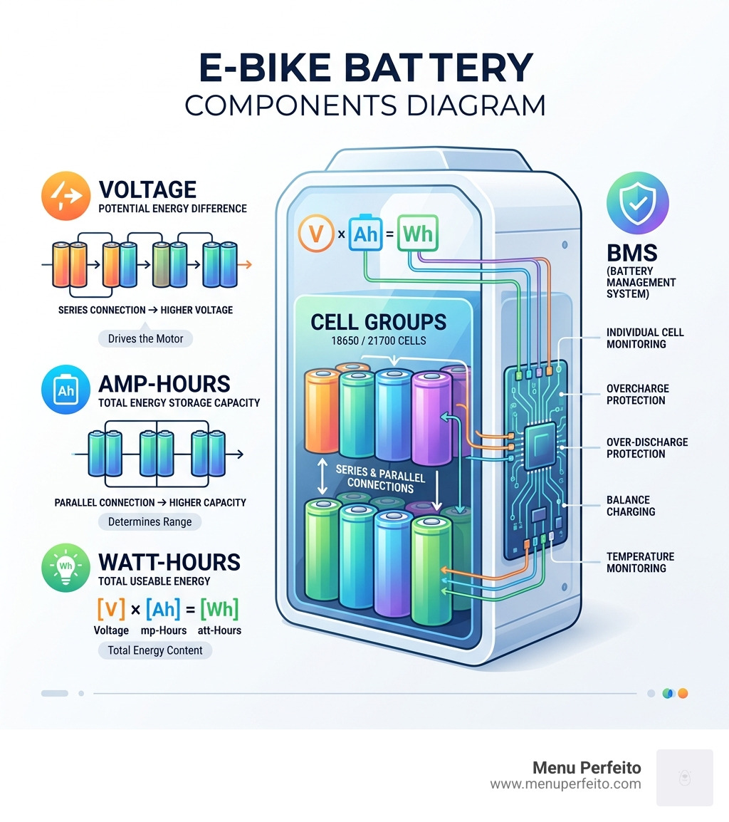 E-bike battery components diagram showing voltage, amp-hours, watt-hours, BMS, and cell groups - DIY e-bike battery care