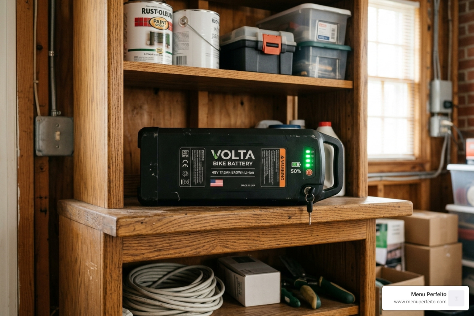 E-bike battery stored on a wooden shelf in a climate-controlled room at 50% charge - DIY e-bike battery care