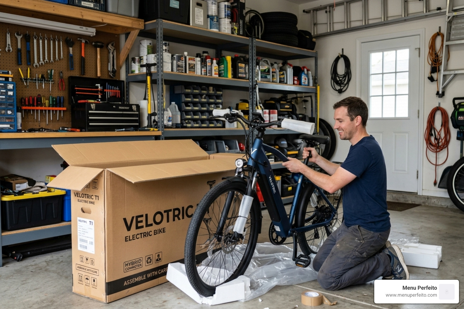 A new e-bike being unboxed in a garage - e bike battery charging tips