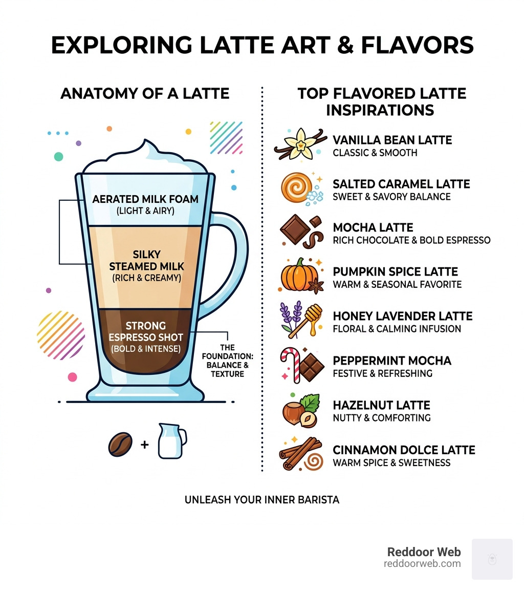 Infographic showing the layers of a latte and top flavored latte recipe options - best flavored latte recipes infographic Infographic showing the layers of a latte and top flavored latte recipe options - best flavored latte recipes infographic