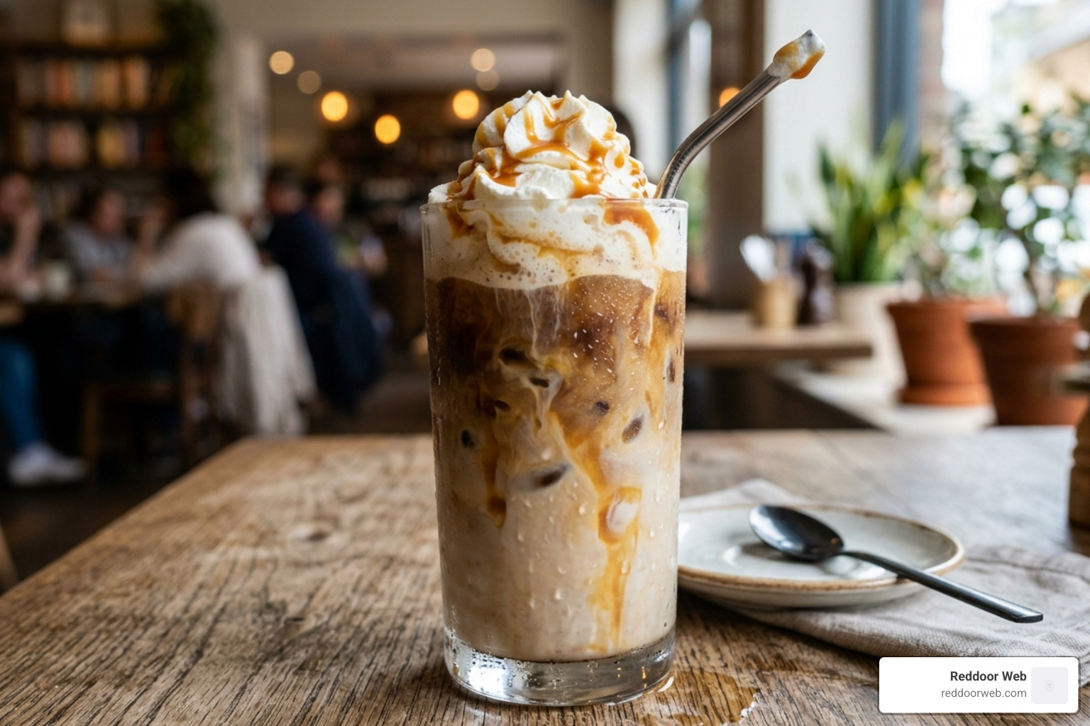 iced decaf latte with caramel drizzle and whipped cream - decaf latte recipe simple