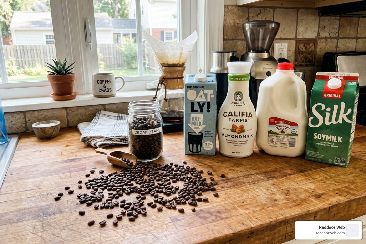 decaf coffee beans and various milk options on a kitchen counter - decaf latte recipe simple