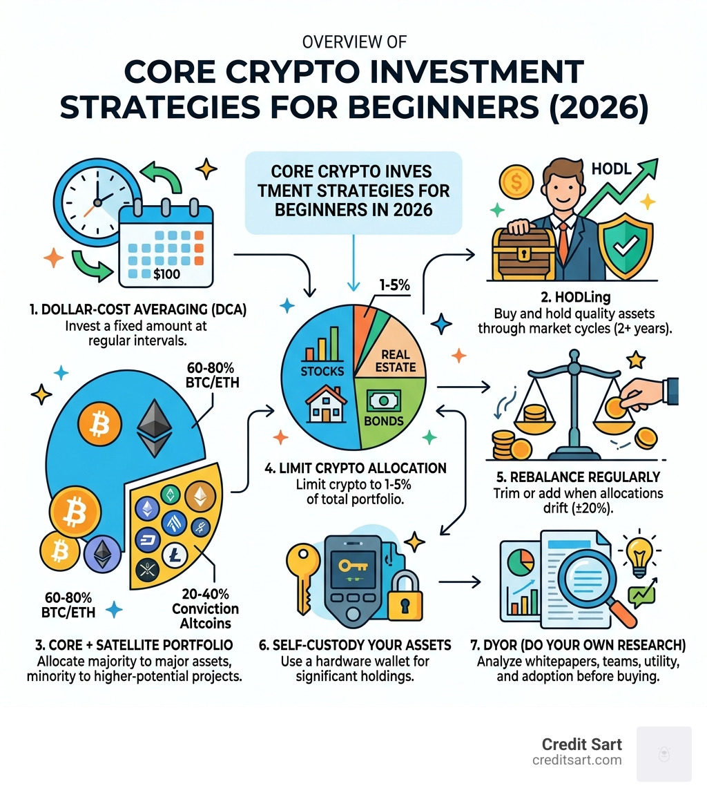 Overview of core crypto investment strategies for beginners in 2026 - crypto investment strategies infographic 