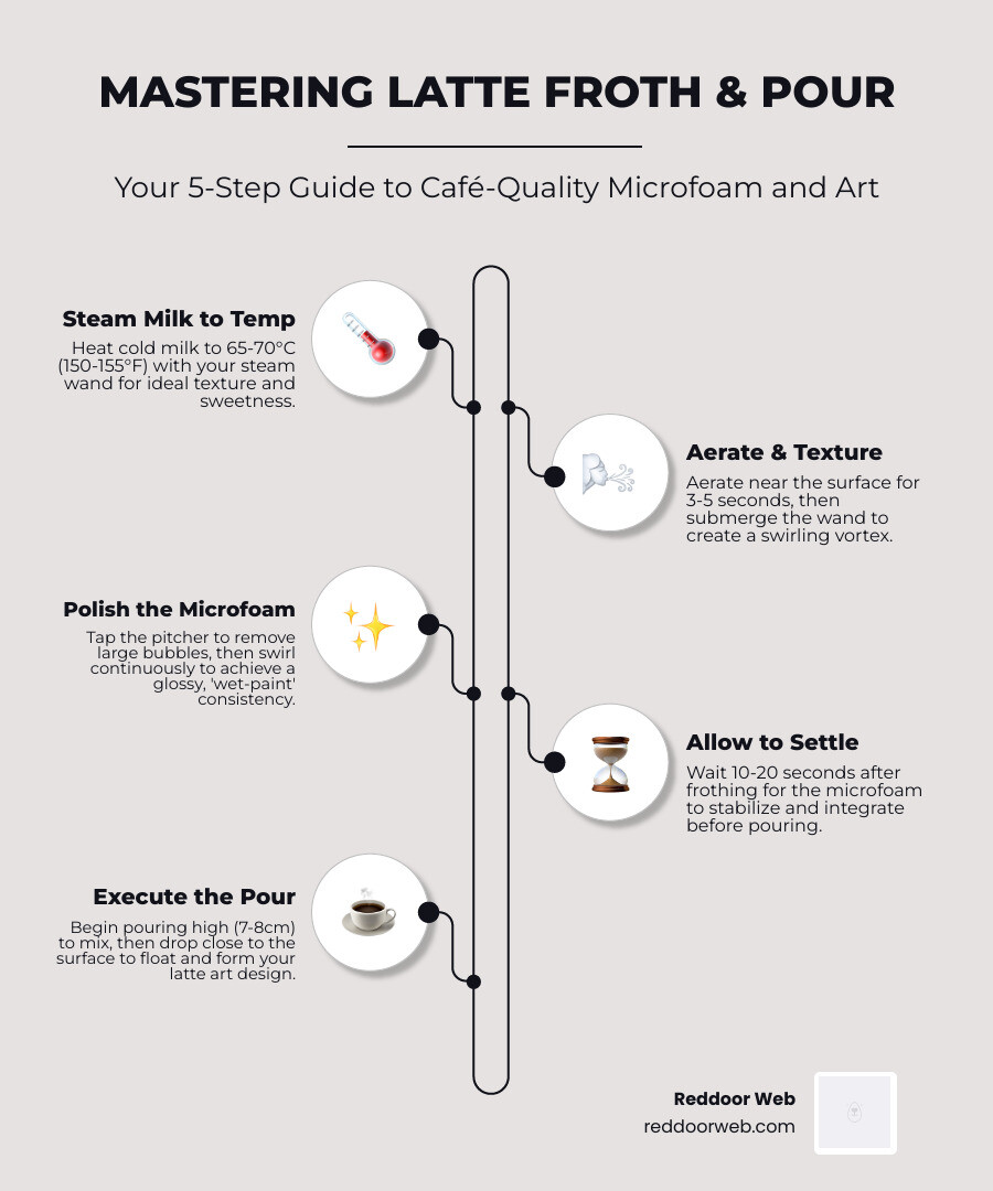 Three phases of milk frothing: aeration, texturing, and polishing with temperatures and timing - latte froth for pour Three phases of milk frothing: aeration, texturing, and polishing with temperatures and timing - latte froth for pour