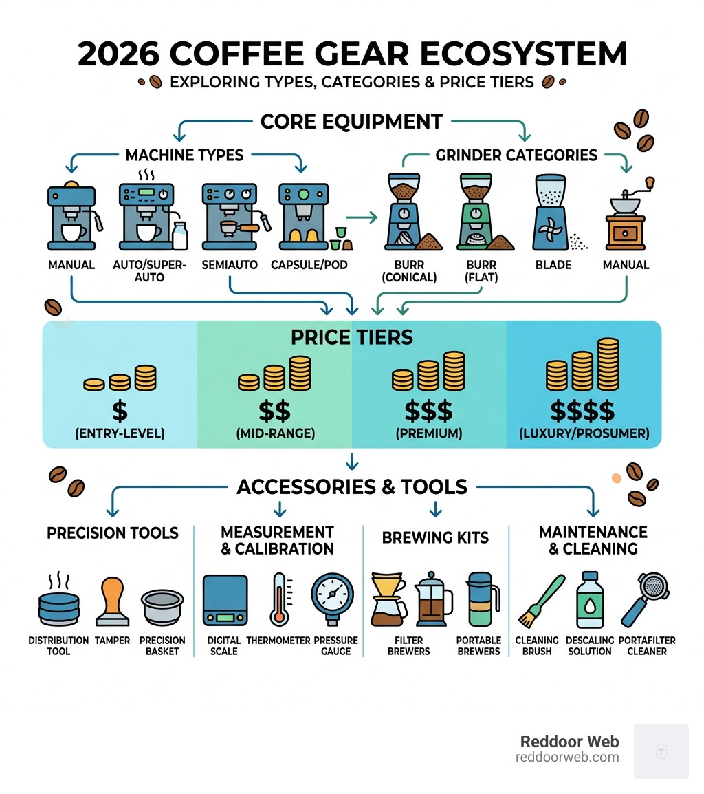 2026 coffee gear ecosystem infographic showing machine types, grinder categories, accessories, and price tiers - coffee gear 2026 coffee gear ecosystem infographic showing machine types, grinder categories, accessories, and price tiers - coffee gear