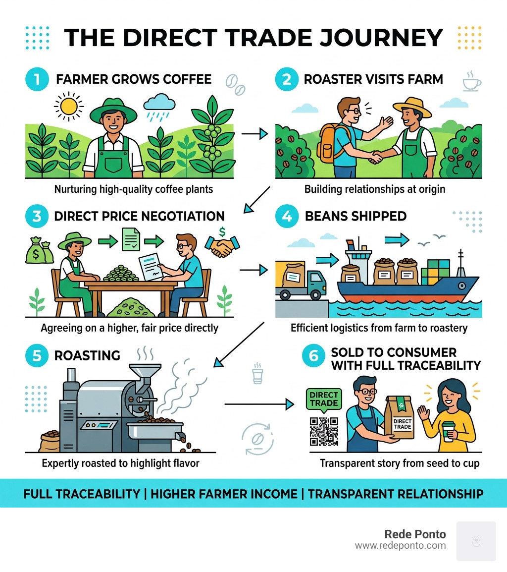 Infographic showing the direct trade journey: farmer grows coffee, roaster visits farm, price negotiated directly, beans