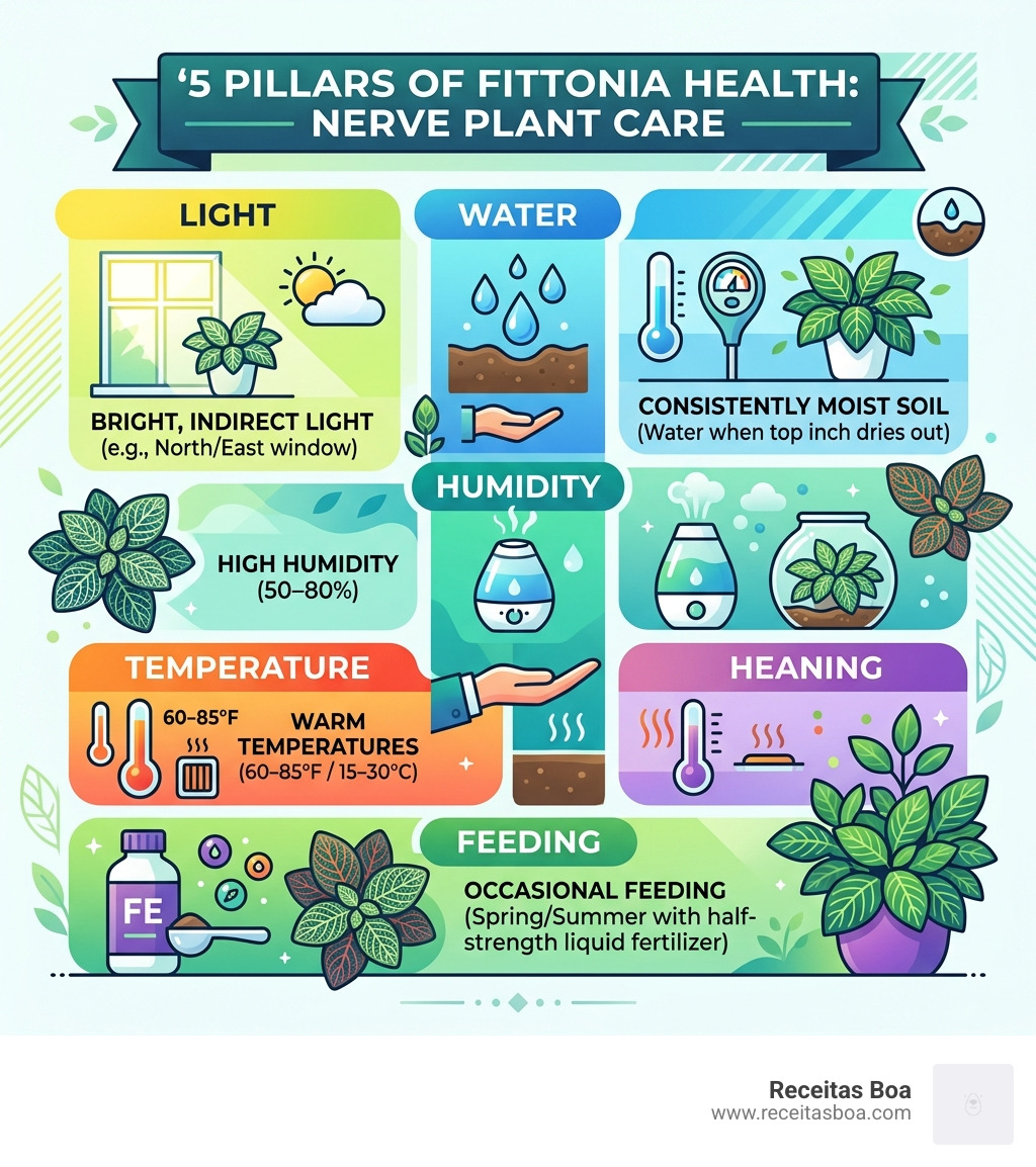 5 pillars of Fittonia health: light, water, humidity, temperature, feeding - fittonia nerve plant care infographic 5 pillars of Fittonia health: light, water, humidity, temperature, feeding - fittonia nerve plant care infographic
