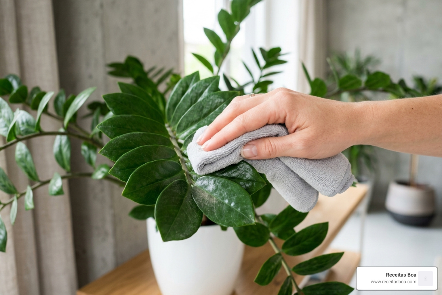 a hand using a microfiber cloth to gently wipe dust from a glossy ZZ plant leaf - house plants needing low light a hand using a microfiber cloth to gently wipe dust from a glossy ZZ plant leaf - house plants needing low light
