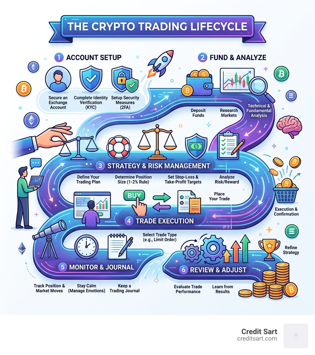 Crypto trading lifecycle infographic showing steps from account setup to trade execution and risk management - crypto