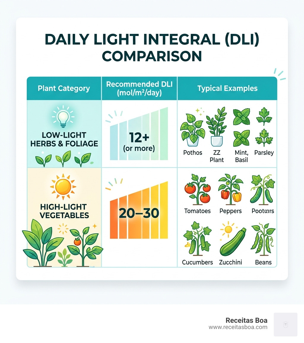 Table comparing DLI requirements for low-light herbs versus high-light vegetables - Indoor plant grow lights infographic Table comparing DLI requirements for low-light herbs versus high-light vegetables - Indoor plant grow lights infographic