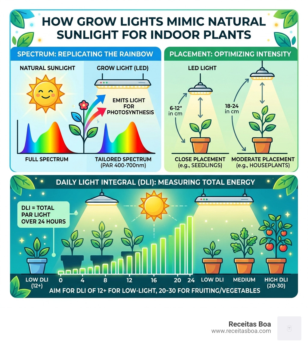 Infographic showing how grow lights mimic natural sunlight for indoor plants, covering spectrum, DLI, and placement - Indoor Infographic showing how grow lights mimic natural sunlight for indoor plants, covering spectrum, DLI, and placement - Indoor