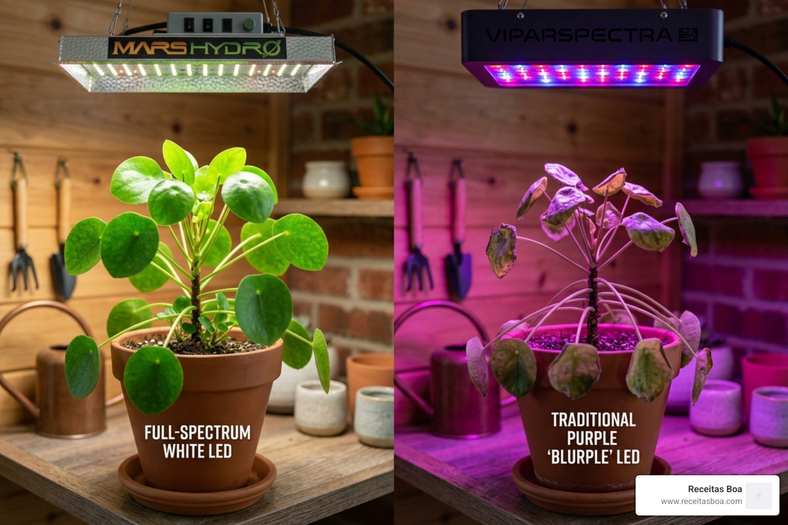 Image comparing the color rendering of full-spectrum white LEDs versus traditional "blurple" purple lights - Indoor plant Image comparing the color rendering of full-spectrum white LEDs versus traditional "blurple" purple lights - Indoor plant