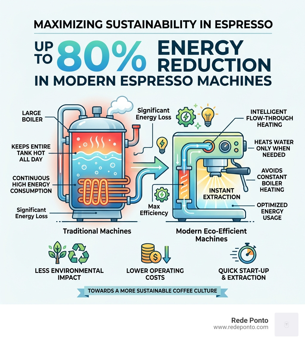 infographic showing 80 percent energy reduction in modern espresso machines - ethical sustainable coffee equipment