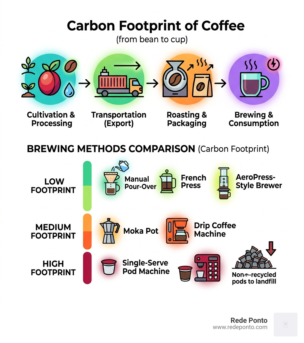 carbon footprint of coffee from bean to cup, brewing methods comparison infographic - ethical sustainable coffee equipment