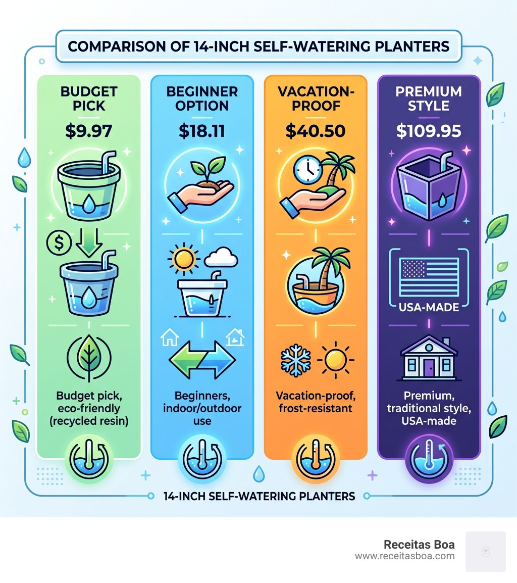 comparison infographic of 14 inch self watering planter types, prices, and key features - 14 self watering planter comparison infographic of 14 inch self watering planter types, prices, and key features - 14 self watering planter