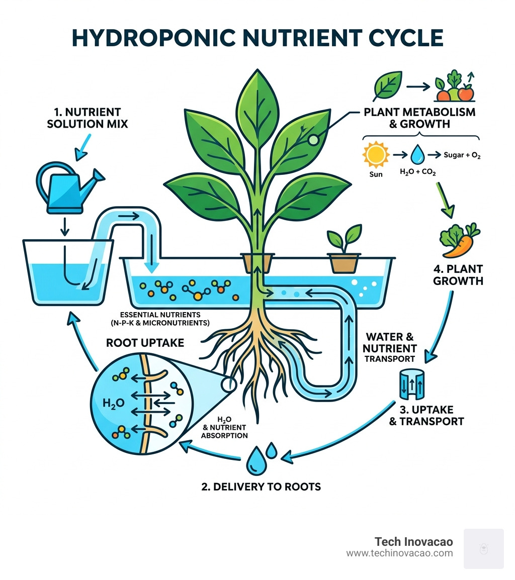 Hydroponic nutrient cycle infographic showing water, nutrients, roots, and plant uptake - nutrient solution for hydroponics