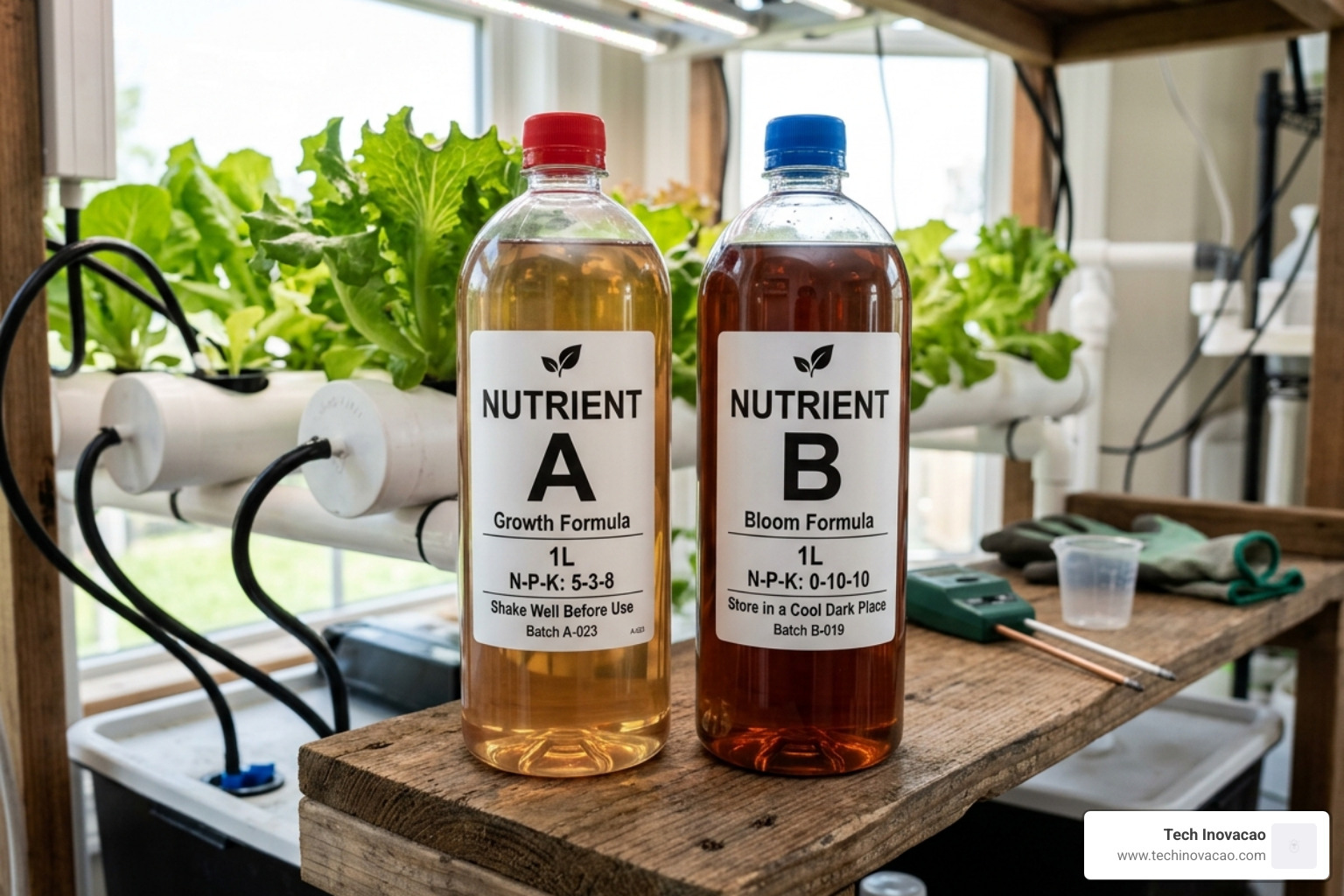 separate A and B nutrient bottles showing proper storage - nutrient solution for hydroponics