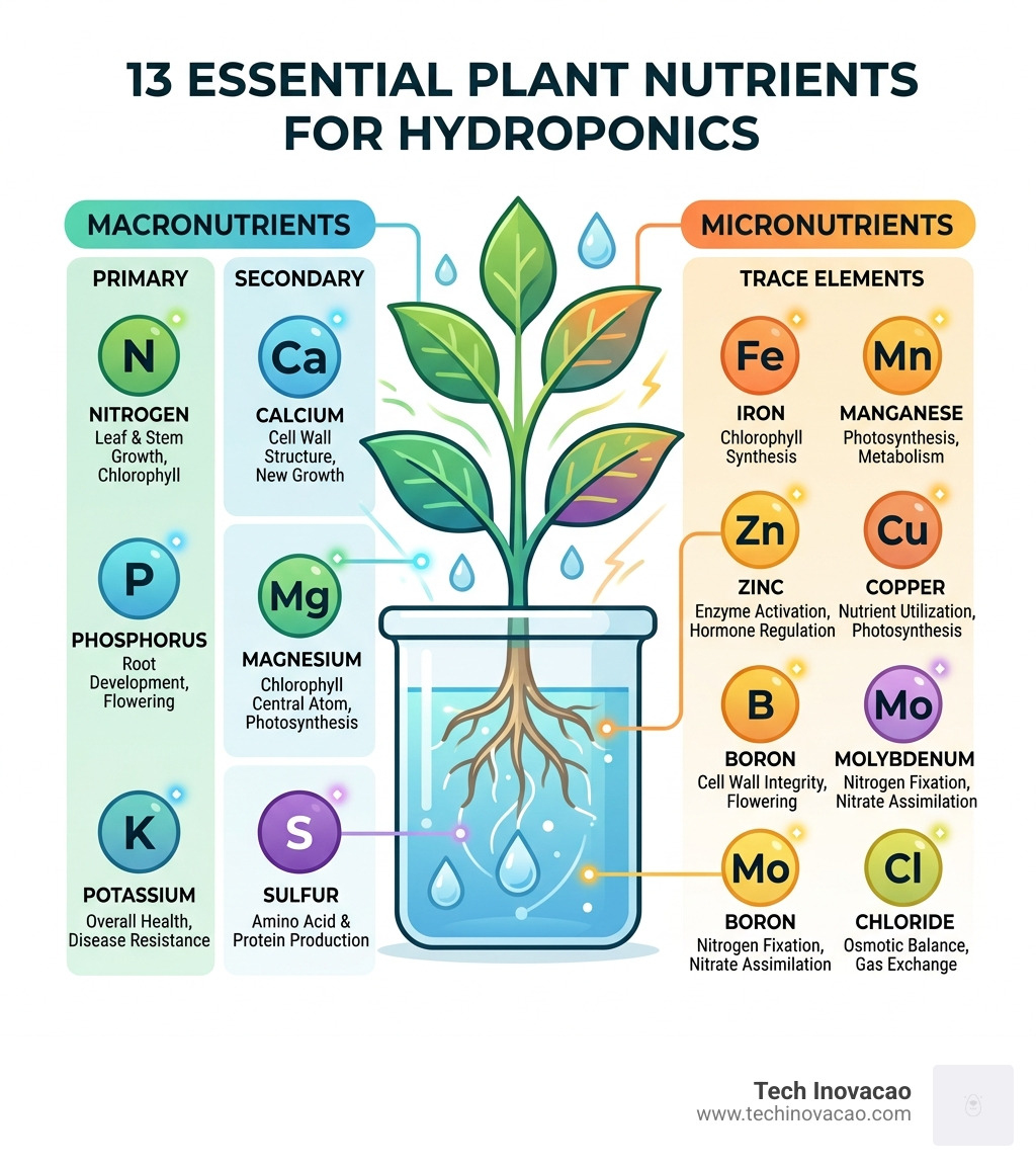 13 essential plant nutrients infographic showing macronutrients and micronutrients for hydroponics - diy hydroponic nutrient