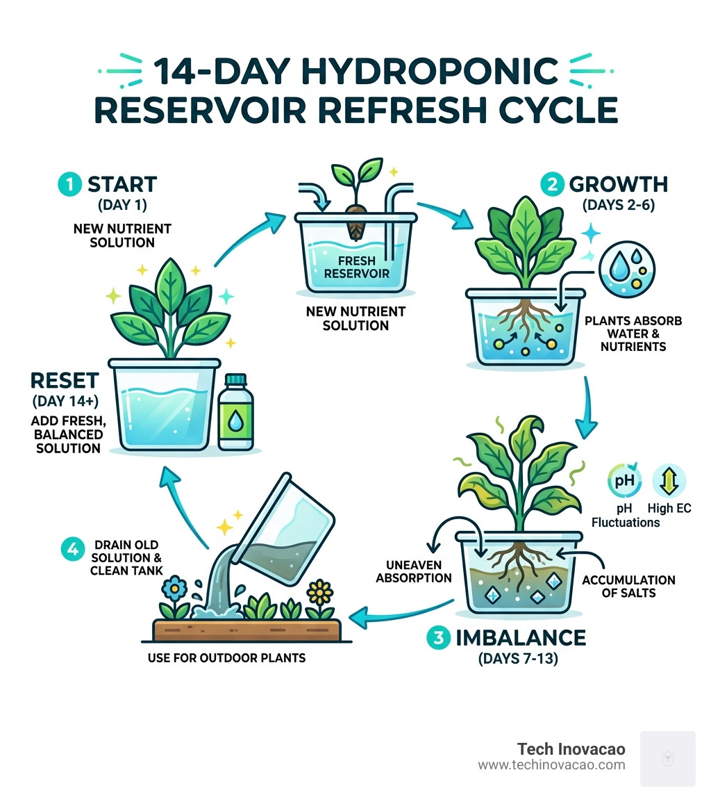 Infographic showing the 14-day reservoir refresh cycle - nutrient solution for hydroponics infographic 