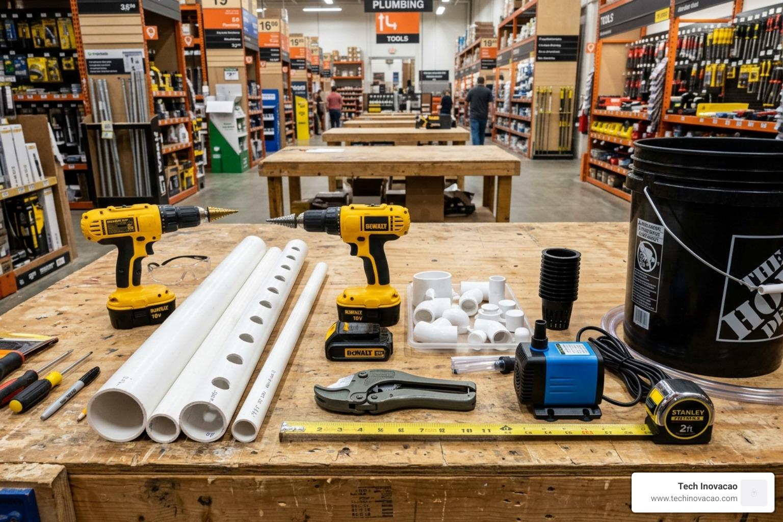 Tools and PVC materials laid out for tower construction - diy hydroponic tower