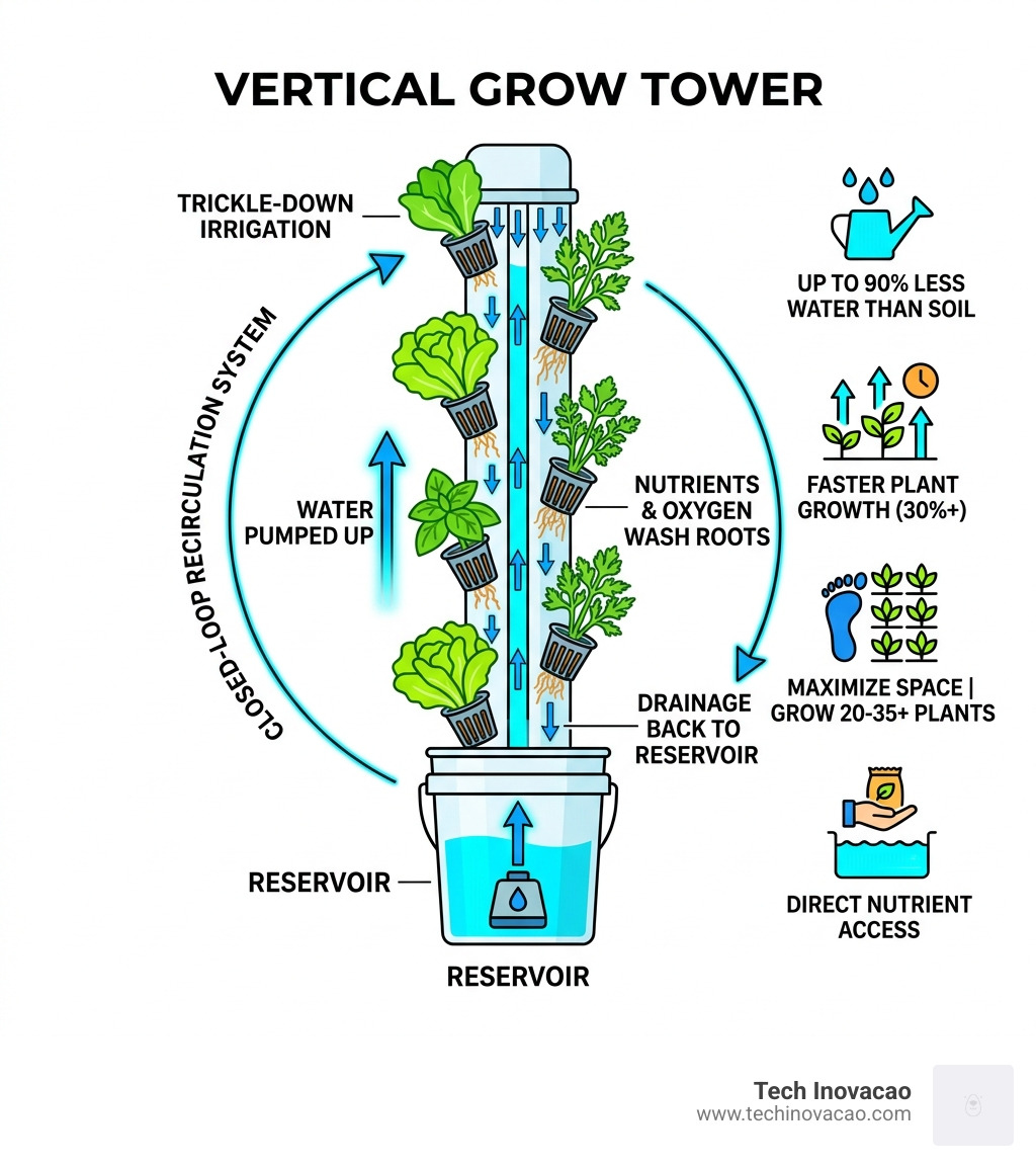 Infographic showing recirculating nutrient water cycle in a vertical hydroponic tower system - diy hydroponic tower