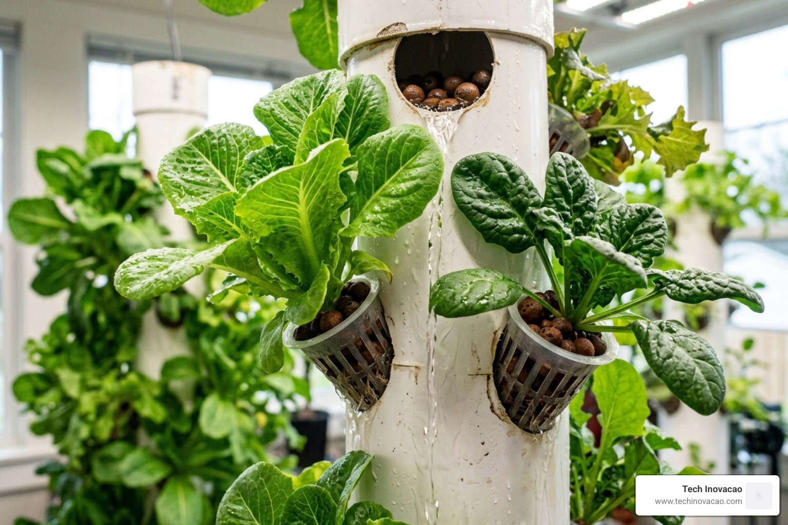 Healthy leafy greens thriving in vertical net cups - diy hydroponic tower