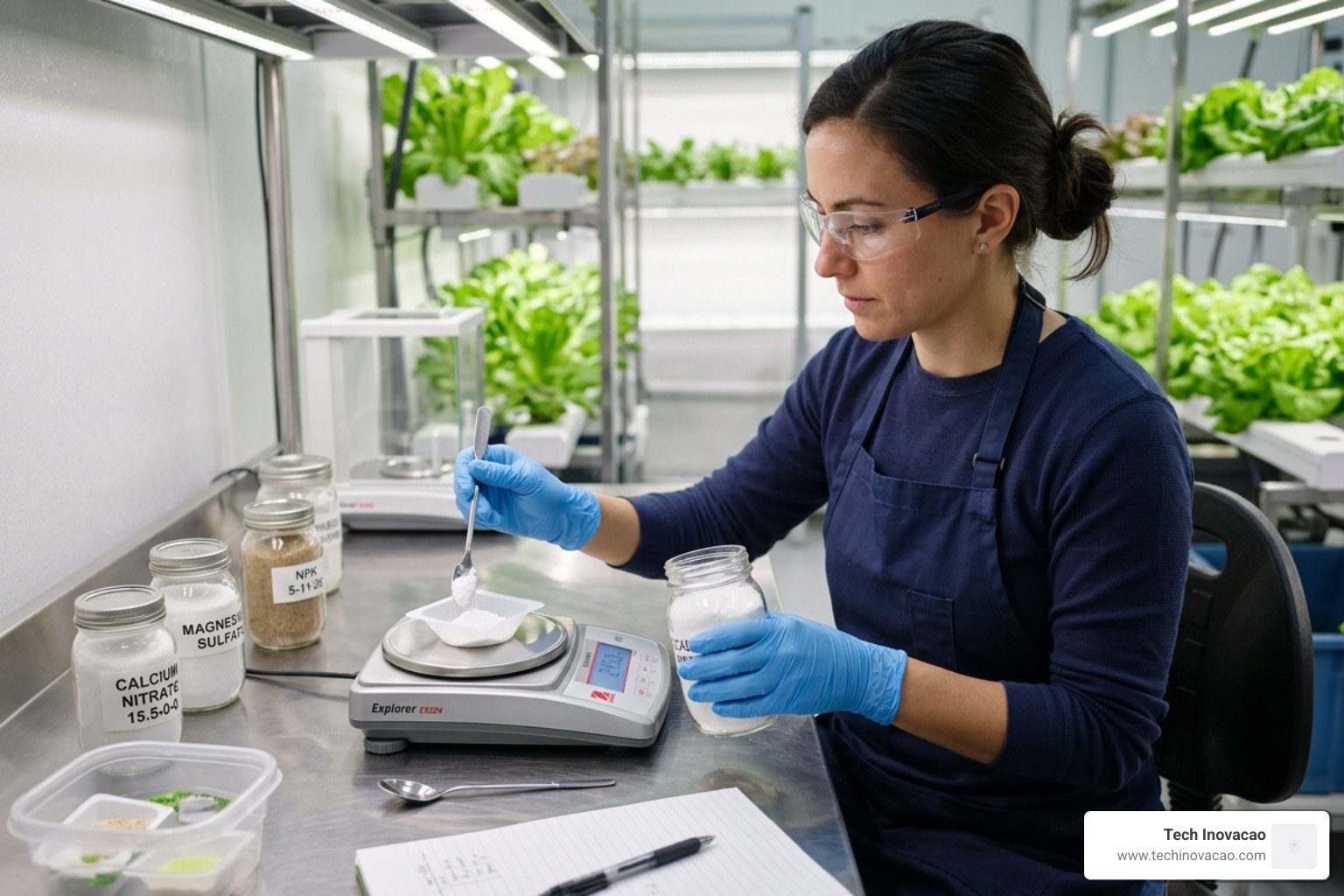 Grower weighing white fertilizer salts on a precision scale - hydroponic nutrient solution diy