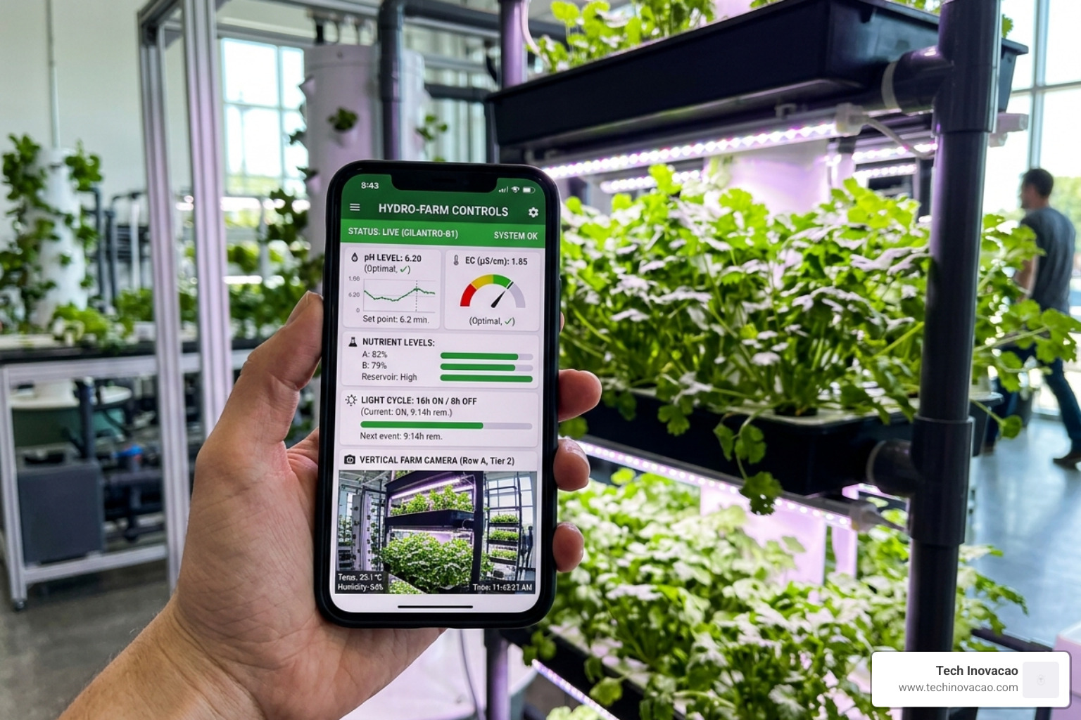 Smartphone interface controlling a vertical hydroponic farm - cilantro app based hydroponics