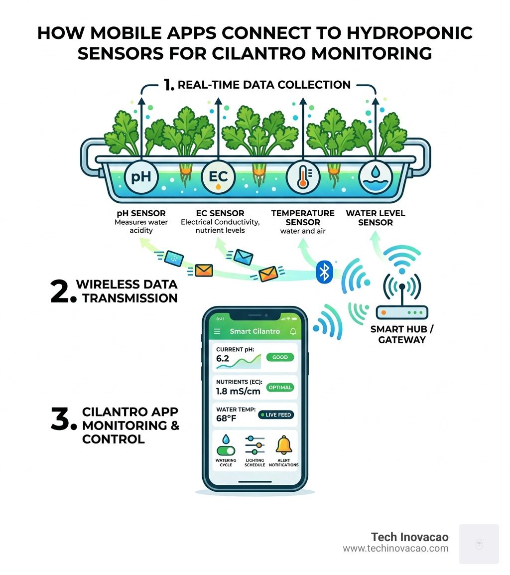 Infographic showing how mobile apps connect to hydroponic sensors for cilantro monitoring - cilantro app based hydroponics