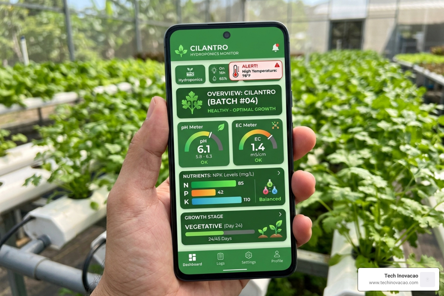 Mobile app dashboard showing cilantro health metrics and temperature alerts - cilantro app based hydroponics