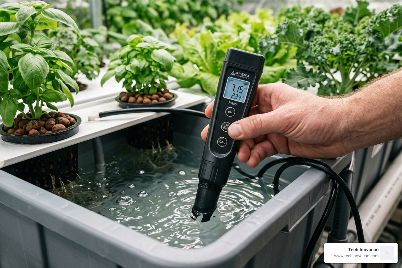 Digital pH pen testing a water reservoir - hydroponic nutrient solution diy