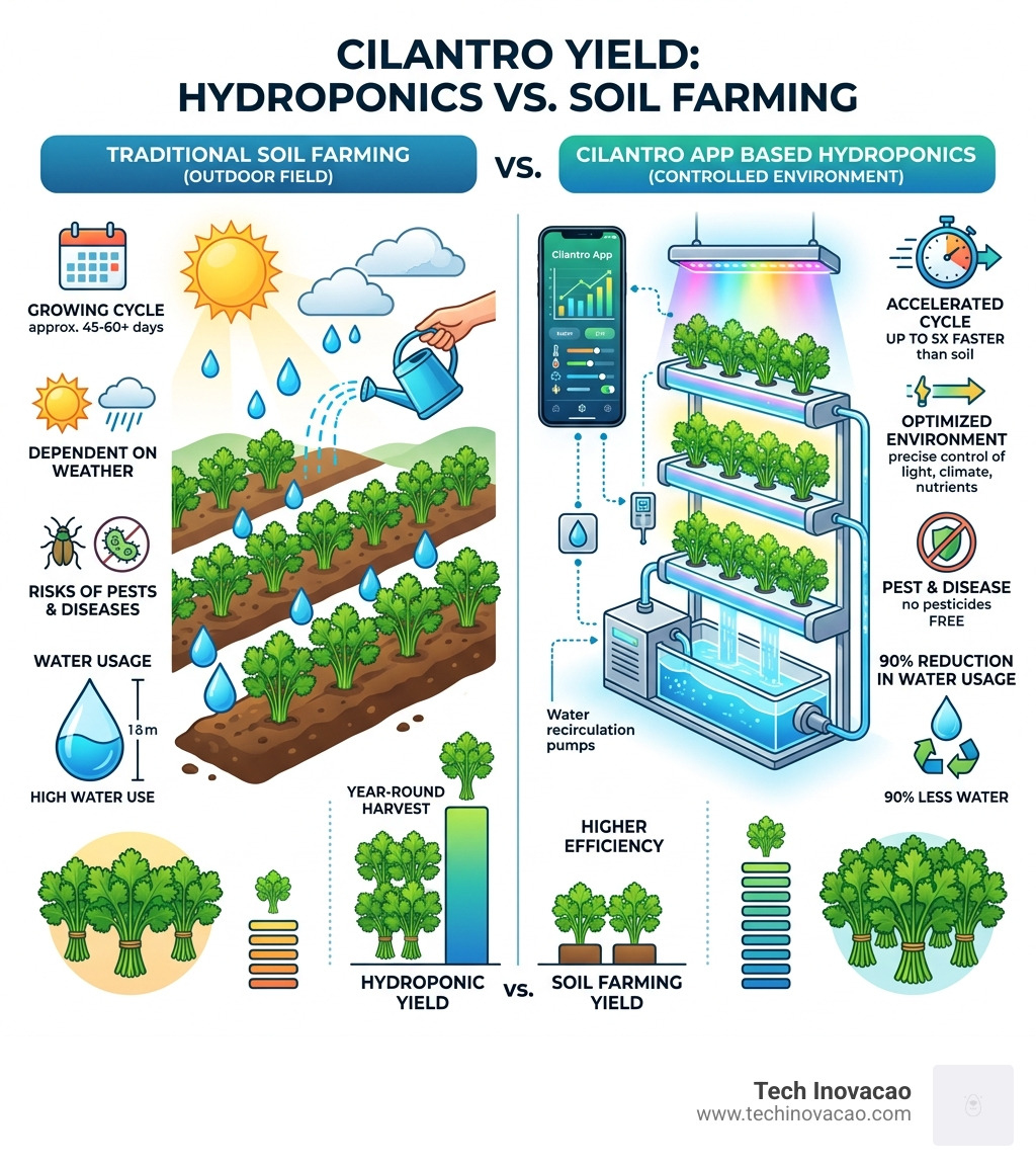 Infographic comparing hydroponic yield versus traditional soil farming for cilantro - cilantro app based hydroponics