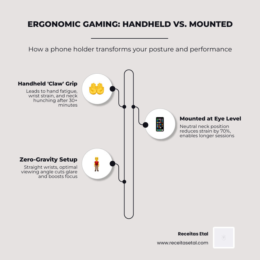 infographic showing the ergonomic difference between holding a phone and using a gaming mount - phone holder for gaming