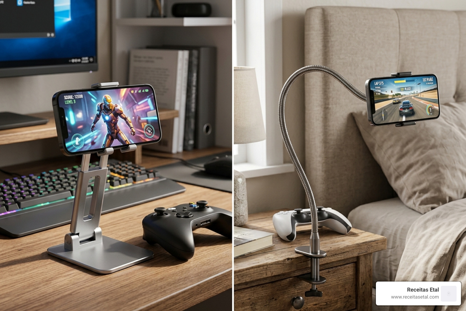 comparison of different gaming mounts including desk stands and flexible arm holders - phone holder for gaming
