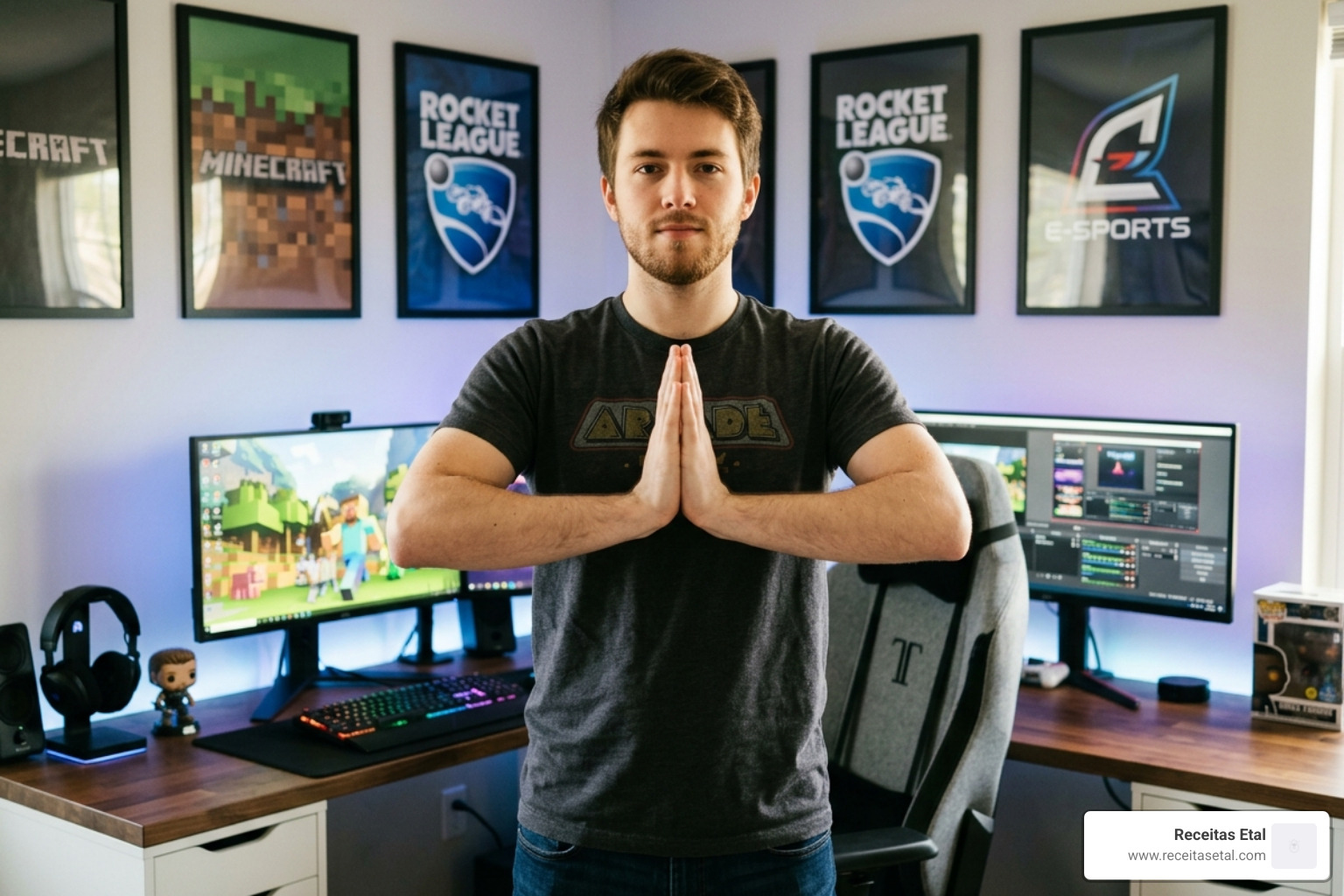 A gamer performing the prayer stretch technique with elbows out - gaming hand exercises A gamer performing the prayer stretch technique with elbows out - gaming hand exercises