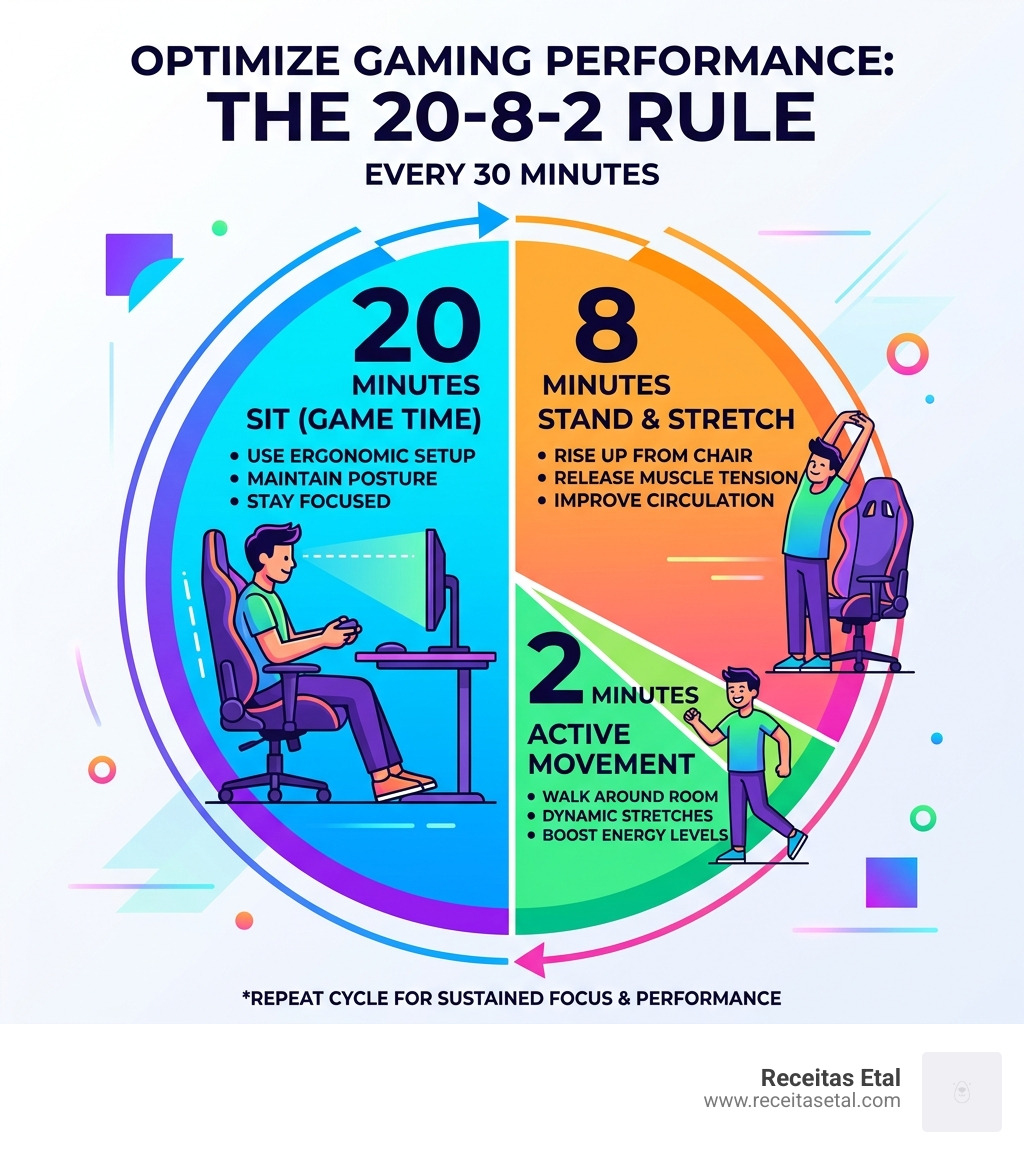 Infographic showing the 20-8-2 rule: sit 20 minutes, stand 8 minutes, move for 2 minutes every 30 minutes - gaming posture Infographic showing the 20-8-2 rule: sit 20 minutes, stand 8 minutes, move for 2 minutes every 30 minutes - gaming posture