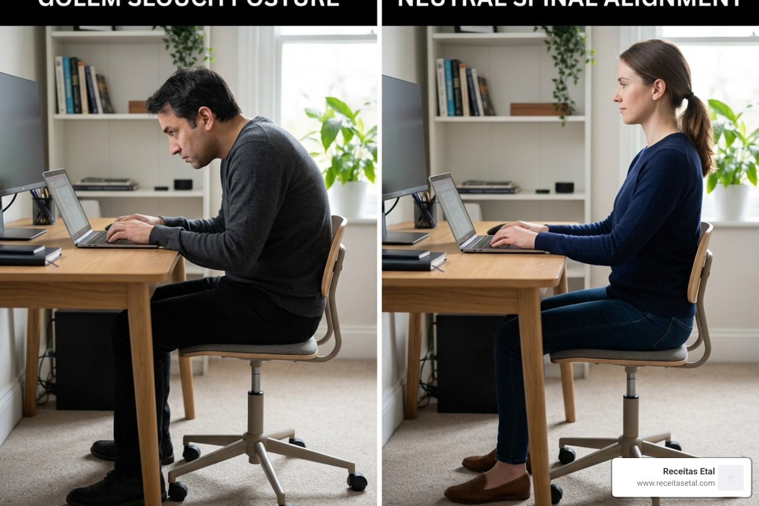 A comparison of the Golem slouch versus neutral spinal alignment - gaming posture tips A comparison of the Golem slouch versus neutral spinal alignment - gaming posture tips