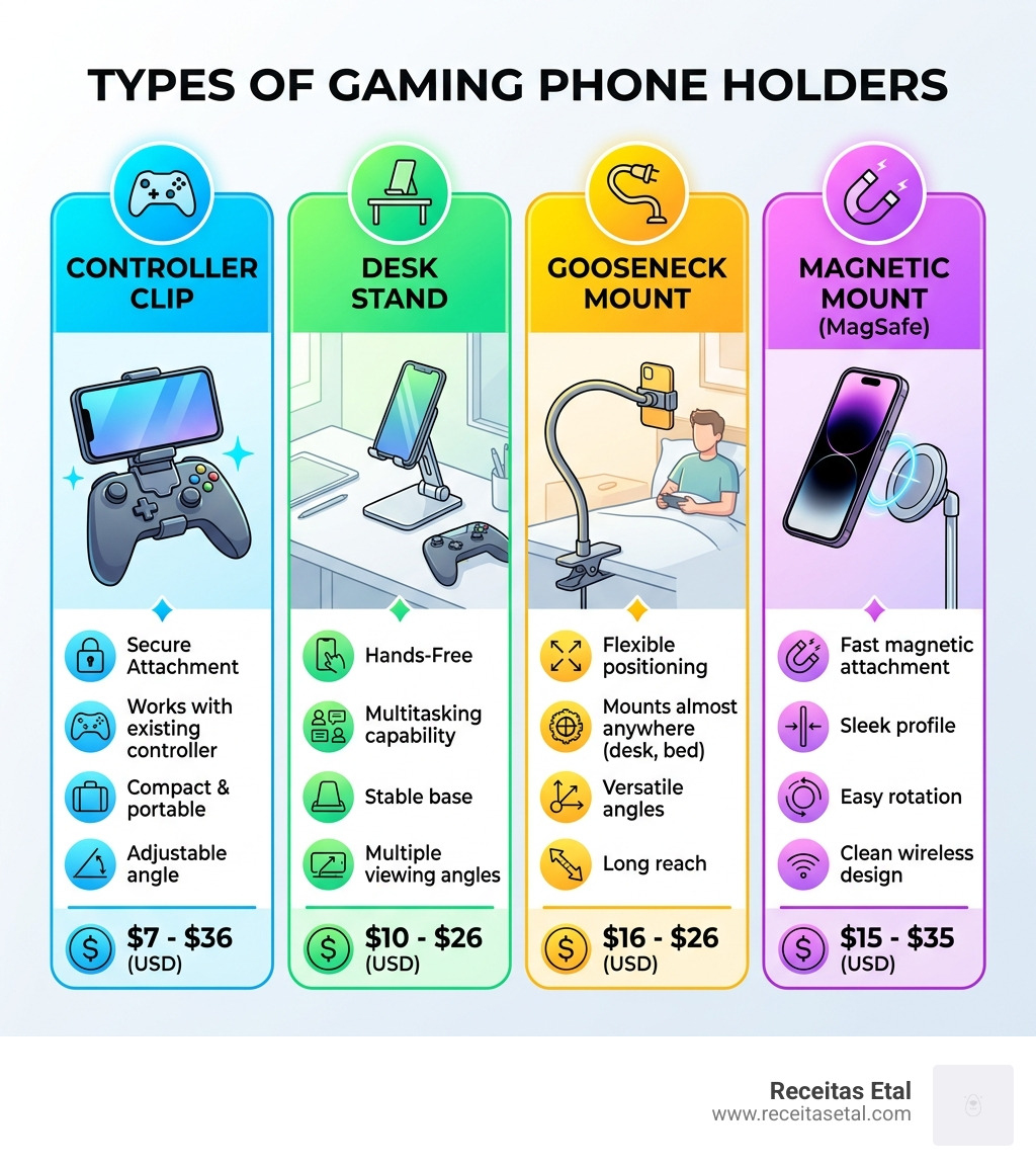 infographic showing types of gaming phone holders, key features, and price ranges side by side - phone holder for gaming