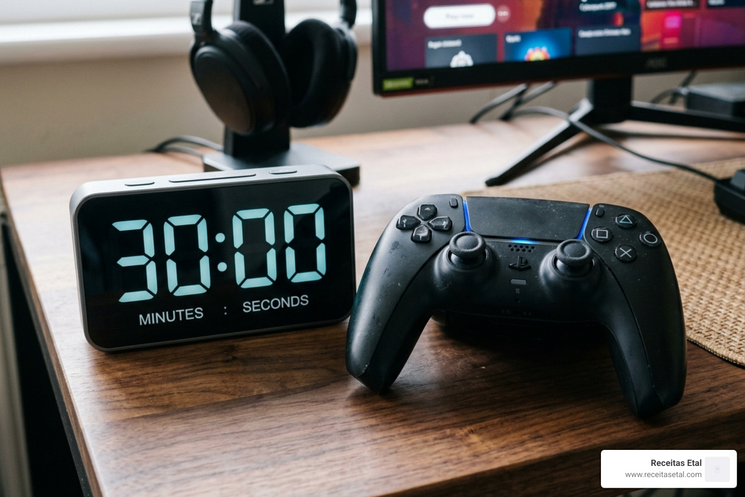 A digital timer set for 30 minutes next to a gaming controller - gaming hand exercises A digital timer set for 30 minutes next to a gaming controller - gaming hand exercises