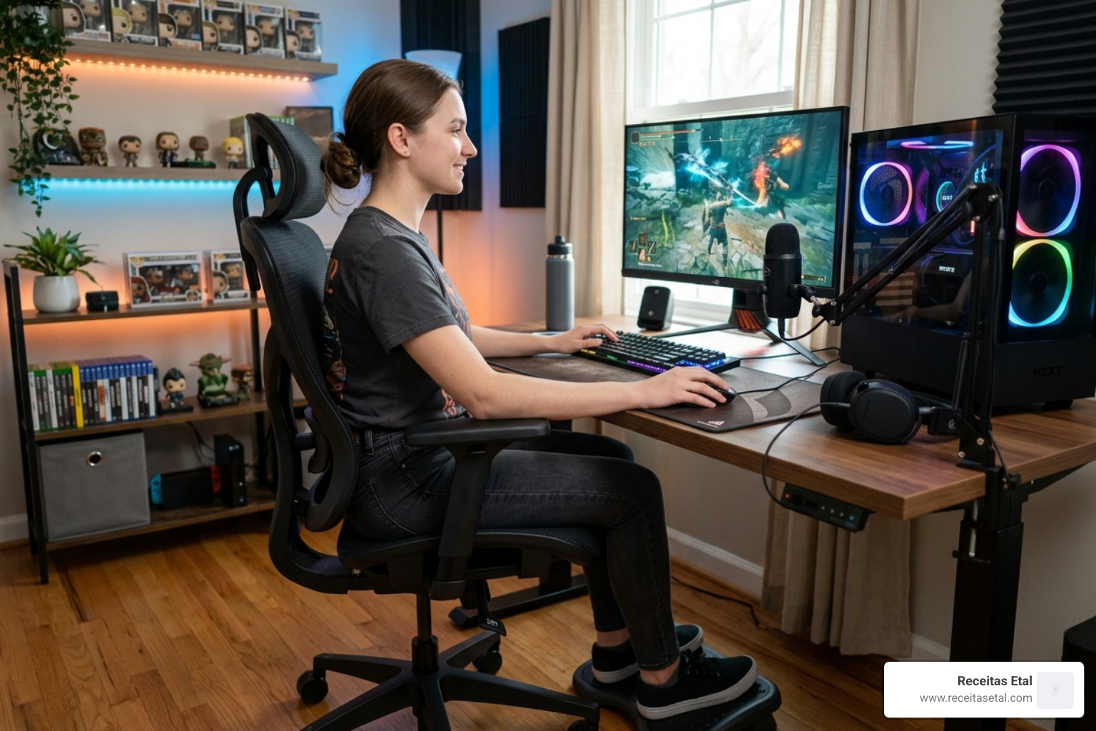 A gamer in a correctly adjusted ergonomic gaming chair with feet flat and monitor at eye level - gaming posture tips A gamer in a correctly adjusted ergonomic gaming chair with feet flat and monitor at eye level - gaming posture tips
