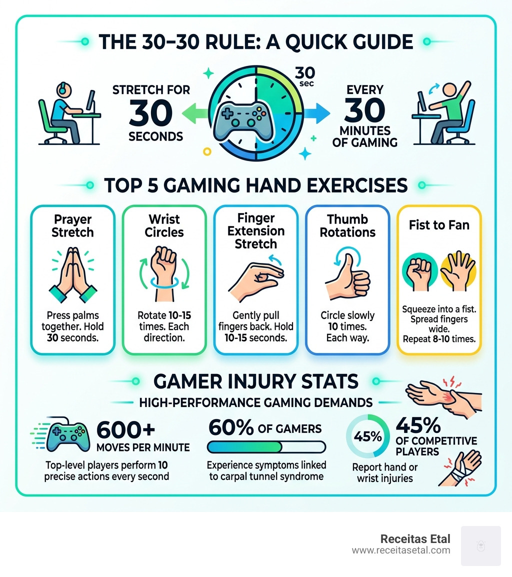 Infographic showing the 30-30 rule, top 5 gaming hand exercises, and injury stats for gamers - gaming hand exercises Infographic showing the 30-30 rule, top 5 gaming hand exercises, and injury stats for gamers - gaming hand exercises