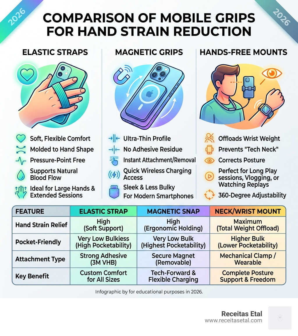 comparison of grip types for hand strain reduction - anti cramp mobile grips infographic comparison of grip types for hand strain reduction - anti cramp mobile grips infographic
