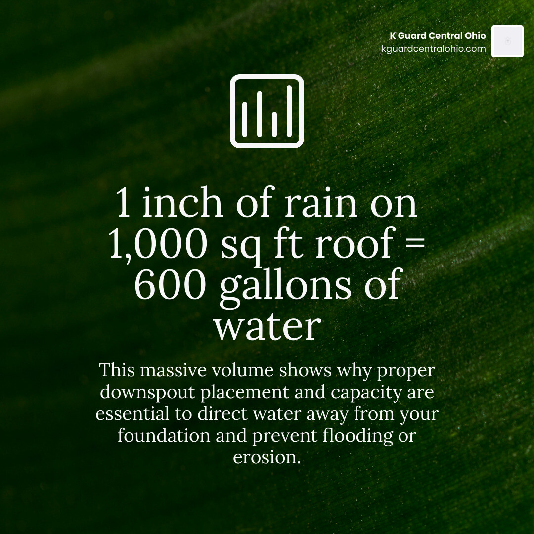 Infographic showing that 1 inch of rain on a 1,000 sq ft roof creates 600 gallons of water - downspouts installation