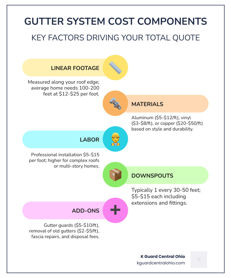 infographic showing gutter system cost components: linear footage, materials, labor, downspouts, and add-ons - cost to