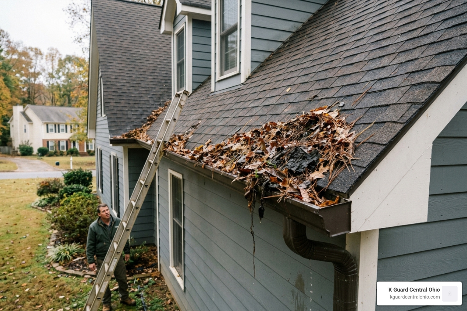steep roof with complex valleys and clogged gutters - gutter cleaning cost